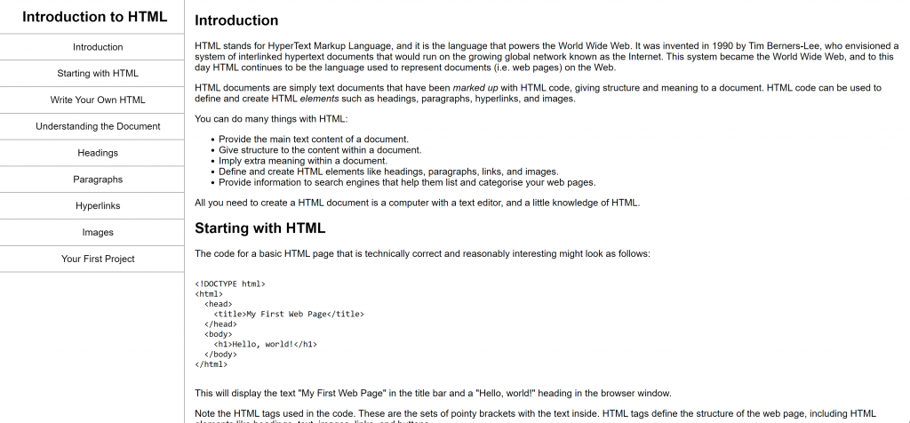 Introduction to HTML website screenshot.